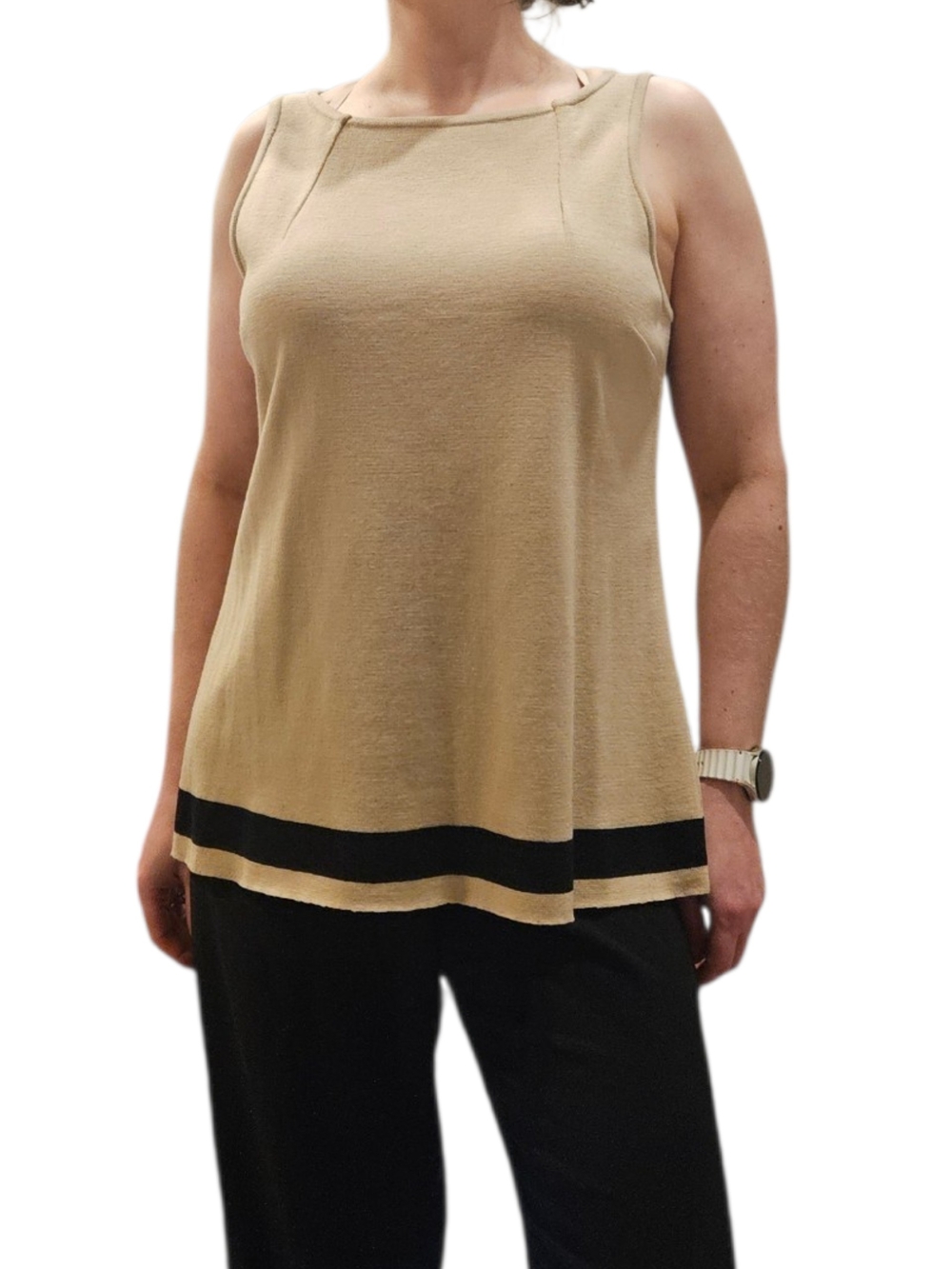St. John Sport Spring 2016 Knit Sleeveless Tank Top Beige Black Trim Size L